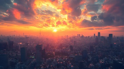 Fototapeta premium As the sun rises over a sprawling, vibrant cityscape, morning commuters begin their day amidst towering skyscrapers, casting long shadows and filling the air with a sense of hope, promise