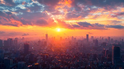 Fototapeta premium A stunning sunrise envelops a bustling cityscape, painting the sky with vibrant hues of orange and pink, casting a glow over the city skyscrapers and creating an atmosphere of serenity and grandeur.