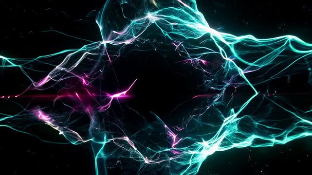 Neon cyan waves emerge from void, pulsing with life. Audio frequencies weave light, morphing between wireframes and organic forms. Holographic particles dance, leaving iridescent trails