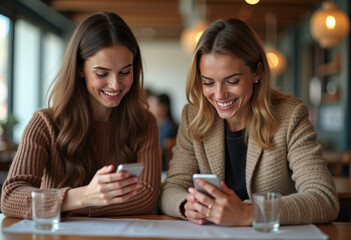 Two young women friends are sitting with phones at a cafe table.