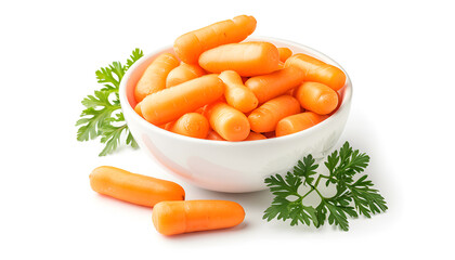 Baby carrots in bowl and green leaf isolated on white