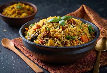 Veg biryani or veg pulav served in a bowl on background
