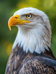 Obraz premium Close-up view of a bald eagle's face, set against a green background