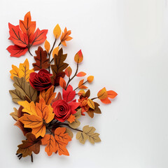 Fototapeta premium Decorative autumn design bouquet with leaves and branche. Fall frame from felt maple and oak leaves