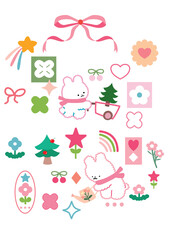 set of elements, Cute sticker, christmas greeting card, tree with gifts, flowers in pots, Christmas and cute bunny, element Christmas animal, draw vector cute bunny in garden, cute Tattoo