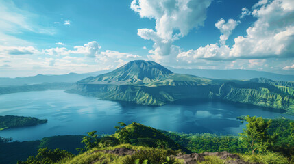 Panoramic landscape of a serene lake surrounded by lush greenery and a towering mountain under a vibrant blue sky.