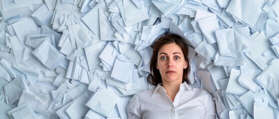 stressed woman buried in paperwork, overwhelmed by documents, businesswoman feeling anxiety, deadline pressure, paper overload, white collar worker