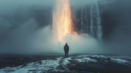 Obraz premium Solitary Figure at the Foot of a Waterfall
