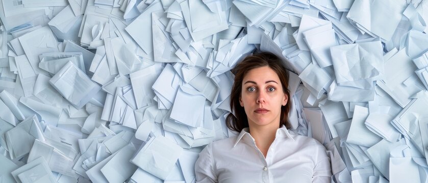 stressed woman buried in paperwork, overwhelmed by documents, businesswoman feeling anxiety, deadline pressure, paper overload, white collar worker