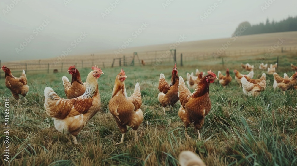 Poster a group of chickens are standing in a field
