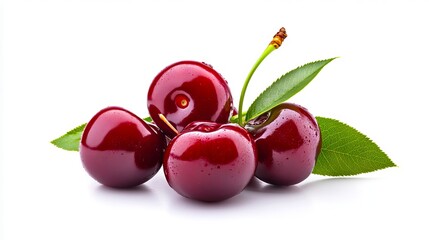 Obraz premium A group of cherries with leaves on a white background