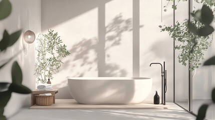 A modern bathroom design featuring a sleek, freestanding bathtub surrounded by minimalist decor, with natural light flooding the space, creating a serene and relaxing atmosphere.