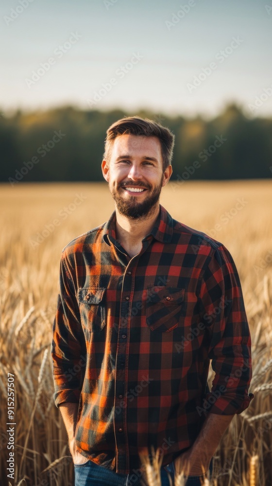 Poster a man with a beard and a plaid shirt is smiling in a field of wheat