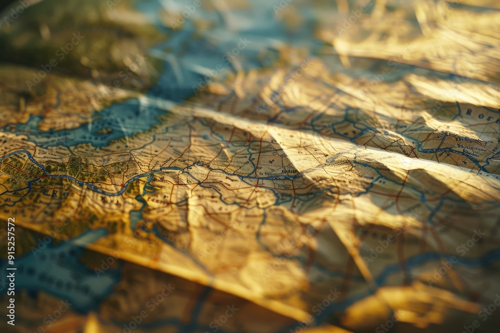 Fototapete A close-up view of a map displayed on a table
