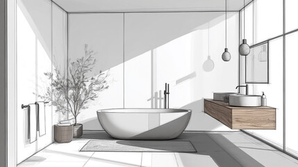 A modern bathroom design featuring a sleek, freestanding bathtub surrounded by minimalist decor, with natural light flooding the space, creating a serene and relaxing atmosphere.
