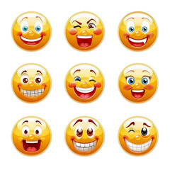 Collection of Nine Vibrant Yellow Smiley Faces Displaying Joyful and Expressive Emotions - Ideal for Conveying Happiness, Humor, Joy, and Positivity in Designs
