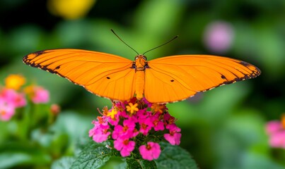 Fototapeta premium A large orange butterfly sitting on a pink flower