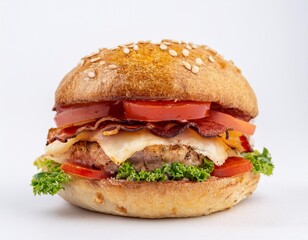 Primer plano de una hamburguesa con tomate queso y verduras. fondo blanco 