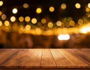 Primer plano mesa o tabla de madera en un restaurante con fondo nocturno con luz tenue y cálida y luces amarillas desenfocadas © Michelle