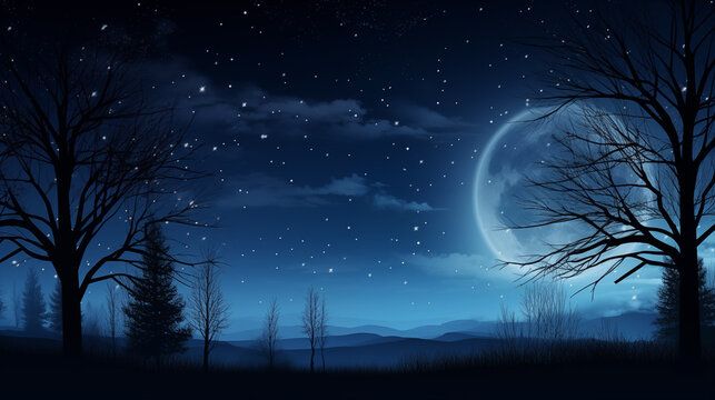 Bare Trees Against A Starry Night Sky With A Large Full Moon In The Distance Mystical And Serene Nighttime Scene