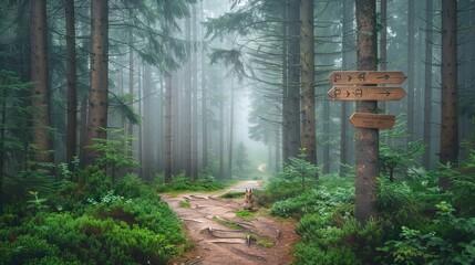 Foggy Forest Trail with Tall Pine Trees, Wooden Signpost, and Squirrel on Path. AI generated illustration.