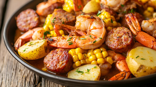 A low country homemade traditional Southern U.S. Shrimp Boil with sausage Traditional southern shrimp boil close up Shrimp and Grits Grits and old bay seasoned, Generative AI