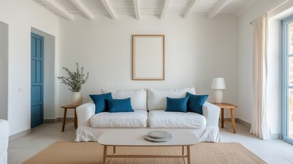 Greek island-inspired interior with whitewashed walls, blue accents, and regional decor, capturing the essence of Mediterranean culture, serene living space