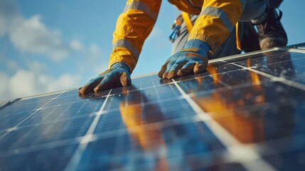 Technician Installing Solar Panels on Rooftop for Renewable Energy Production on a Sunny Day