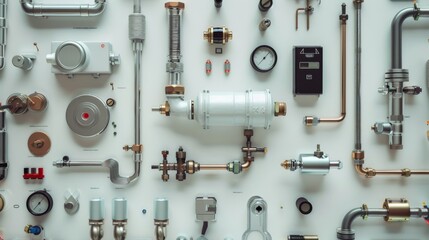 A well-organized array of industrial machinery components, pipes, gauges, and valves, meticulously arranged on a white background, highlighting precision engineering.