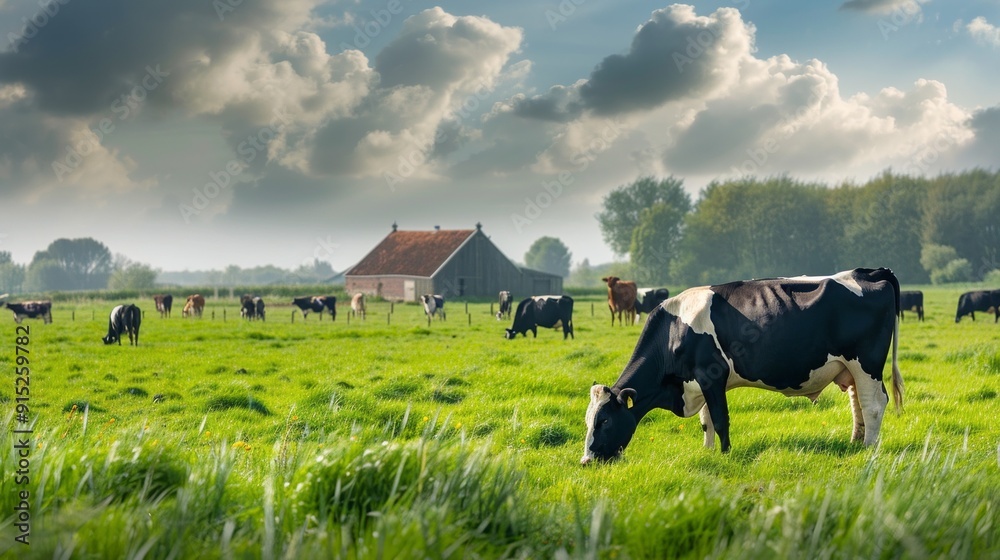 Poster a herd of cows graze in a field next to a farmhouse