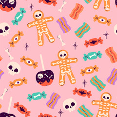 Fototapeta premium Seamless Halloween pattern with sweets, candies, skeleton. Happy Halloween, Halloween for kids. Vector illustration in flat style 