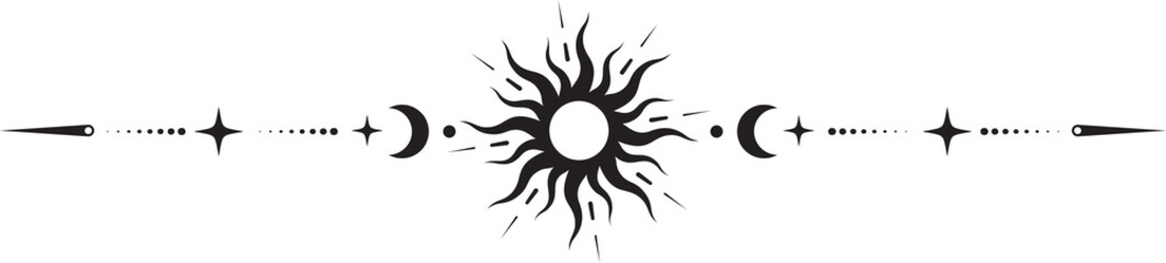 Magic border with celestial stars sun and moon. Astrology fantasy decorative ornament. Divider with mystic spiritual symbols. Astral minimal design with elegant elements. © Chorna_L