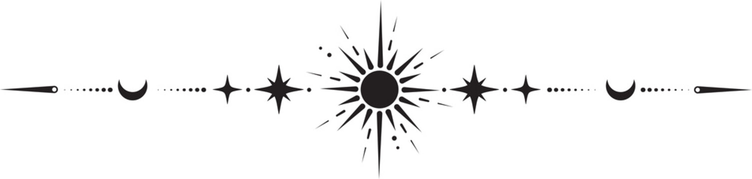 Magic border with celestial stars sun and moon. Astrology fantasy decorative ornament. Divider with mystic spiritual symbols. Astral minimal design with elegant elements.