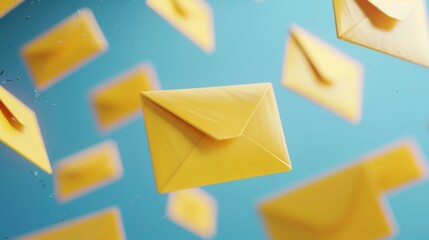 Floating yellow envelopes against a blue background evoke a sense of whimsical communication and cheerful interaction.