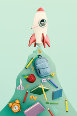 Rocket with backpack and school accessories on mint green background. Back to school concept design. 3D Rendering, 3D Illustration
