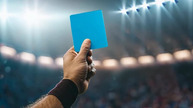 Referee hand holding blue card on soccer field with stadium lights and crowd
