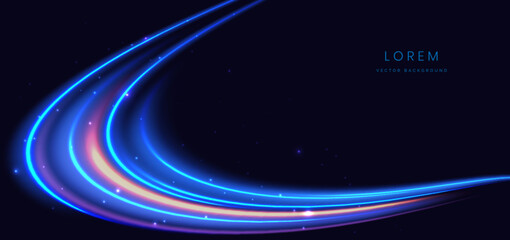 Abstract futuristic curved glowing blue light lines on dark blue background.
