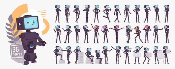 Robot friend smart AI technology chat bot character set, artificial intelligence assistant working, interactive online helper poses, CRT computer retro screen emotions, situations. Vector illustration