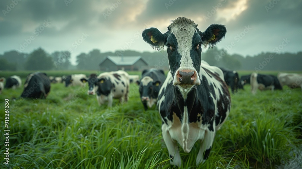 Poster a cow is standing in a field with other cows