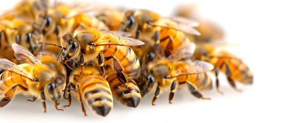 5. Bees: A cluster of honeybees, arranged closely together on a crisp white background. The bees are captured in high resolution (8k) with sharp focus, highlighting their fuzzy bodies and vibrant