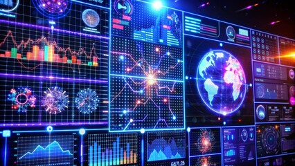 Futuristic interface with data visualization, charts, graphs, and a glowing globe.