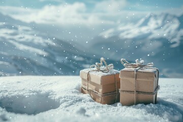 Christmas background with rustic gift boxes in the snow, snowy mountains in the background, and copyspace