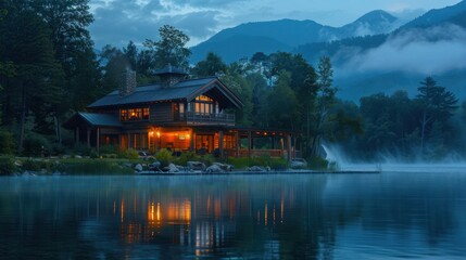 Fototapeta premium Cozy Lakeside Cabin at Dusk with Mountain Views and Misty Atmosphere