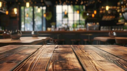 Blurry restaurant background with wooden tabletop for product display or design layout with empty space.