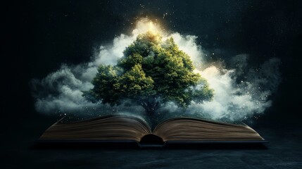 A tree emerges from an open book, surrounded by clouds and light, symbolizing the growth of knowledge and imagination.