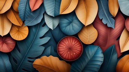 A vibrant and colorful arrangement of tropical leaves in autumnal hues.  Perfect for nature and design themes.