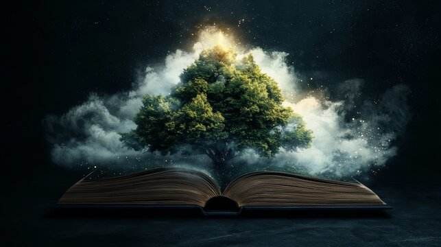 A tree emerges from an open book, surrounded by clouds and light, symbolizing the growth of knowledge and imagination.