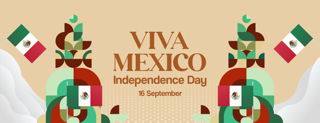 Mexico National Day Banner. Modern geometric abstract background in colorful style for Viva Mexico. Mexican Independence greeting card cover with text. Happy Mexico Independence day to celebrate