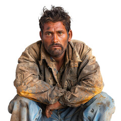 Fototapeta premium Front view mid body shot of a extremely ugly homeless Indian man in dirty and torn jacket & jeans looking very sad, isolated on a white transparent background