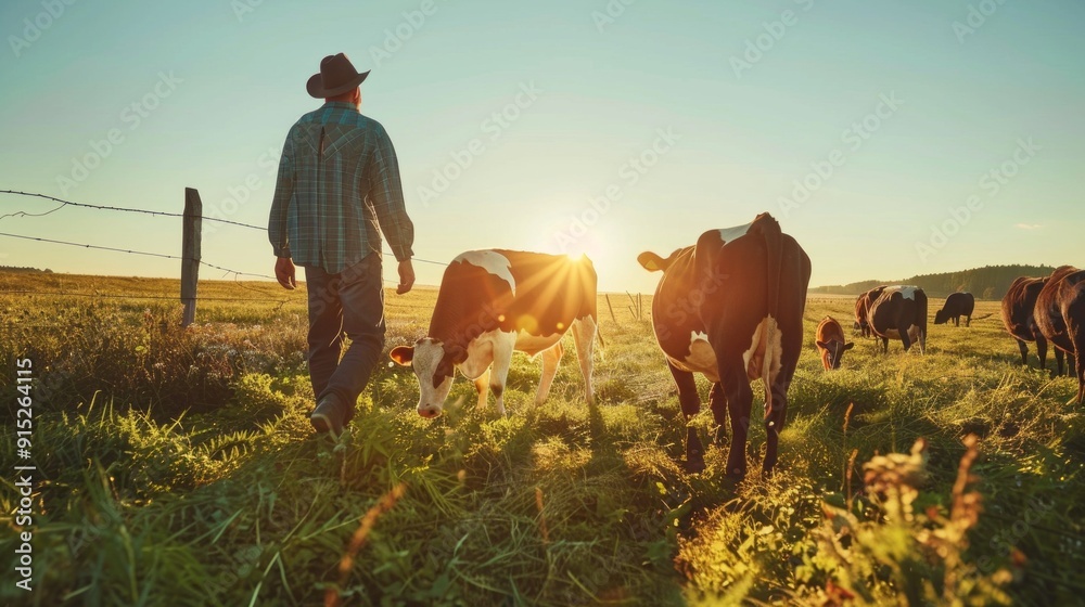 Poster a man is walking through a field with cows grazing